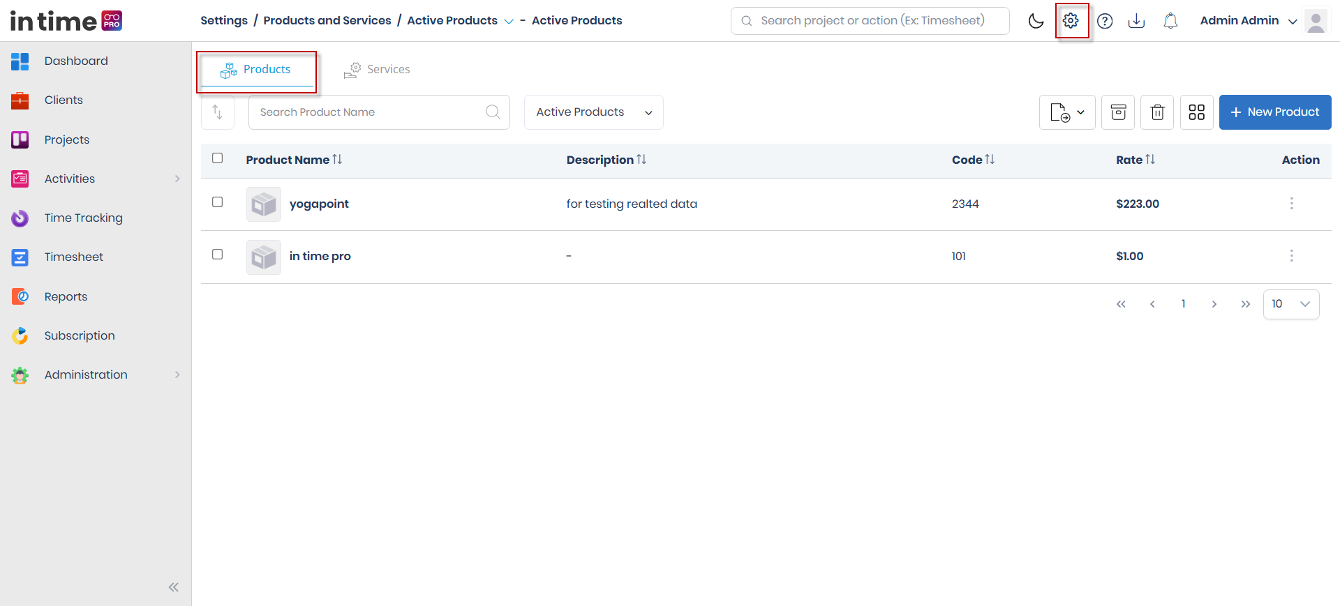 Products tab's Active list with the Name, Description, Code, and Rate columns, and the Add Product action